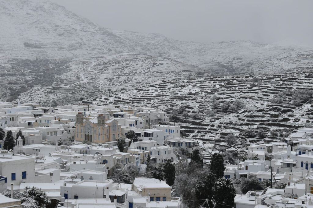 Cyclades island Tinos turned white by Elpis snowstorm 20